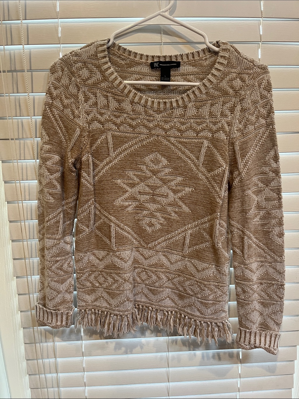Inc International Concepts Tan & Cream Aztec Fringe Crewneck Sweater